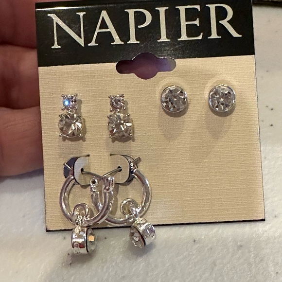 NWT Napier Earrings- set of 3 pairs- silver tone, clear rhinestones, huggie hoop - Picture 4 of 6